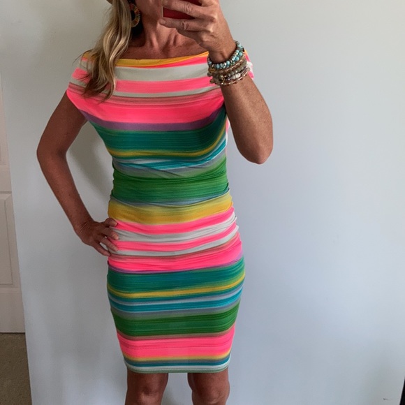 Striped, Draped Neck Fitted Dress - Picture 5 of 16